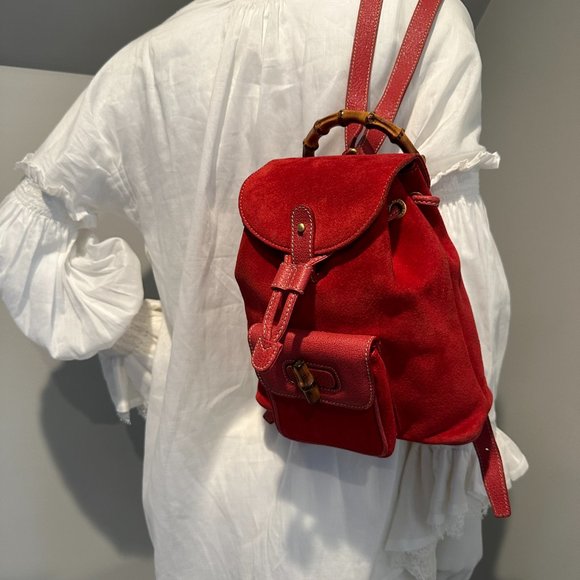 Vintage GUCCI Suede Red Bamboo Backpack (Mini) - Picture 3 of 7